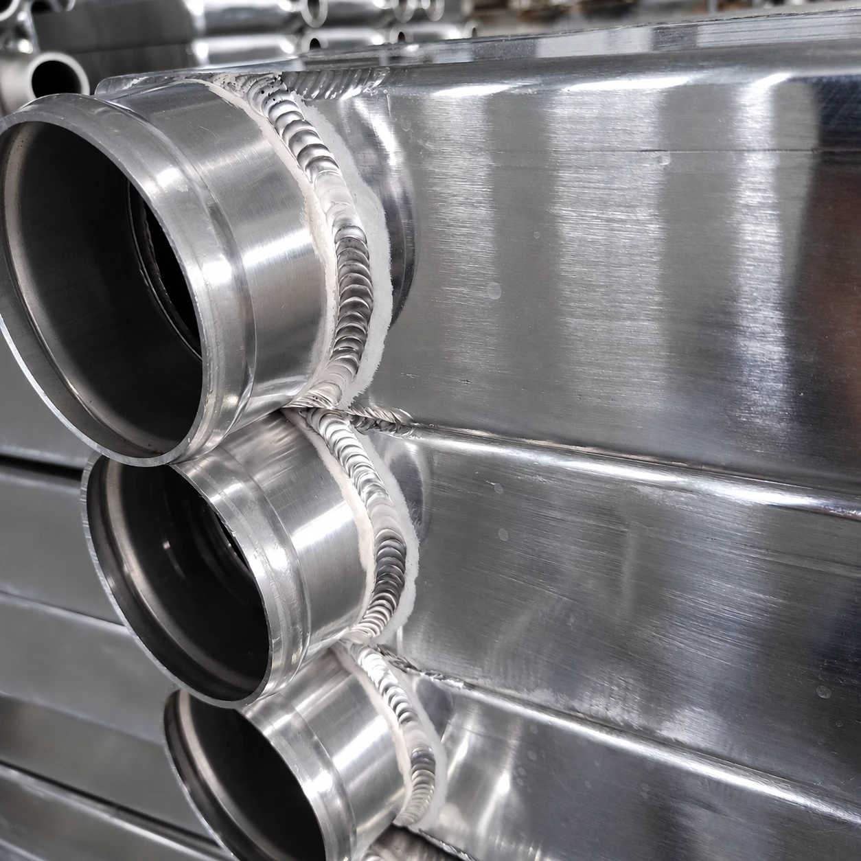 Close-up of welded round connections and fabricated aluminum intercooler end tanks