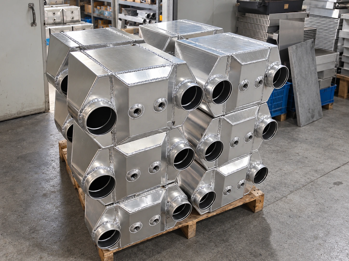 Batch of large aluminum water-to-air intercoolers arranged on a pallet in the factory