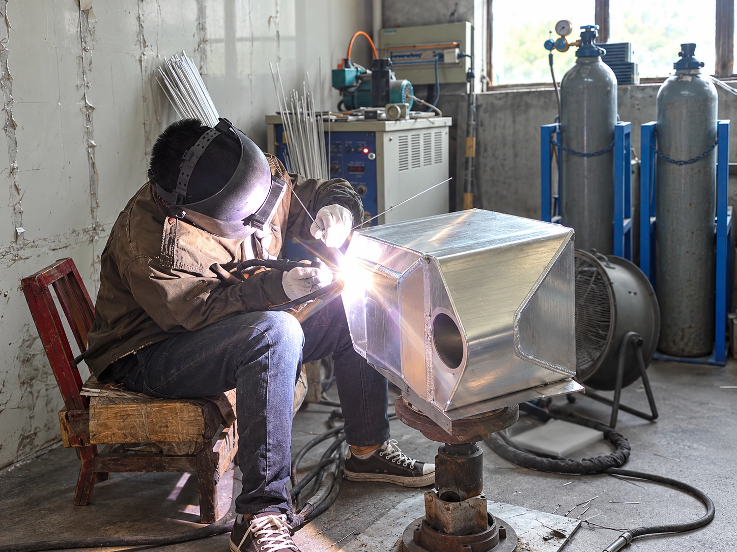 Worker welding the aluminum housing of a large water-to-air intercooler in the factory