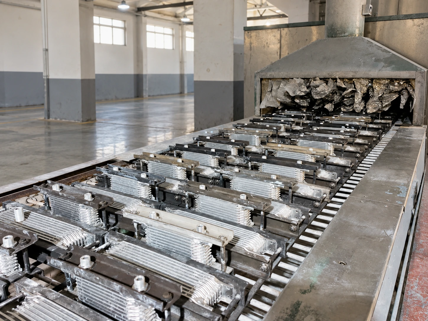 Rows of silver oil cooler assemblies in metal fixtures on a conveyor at the continuous brazing furnace entrance