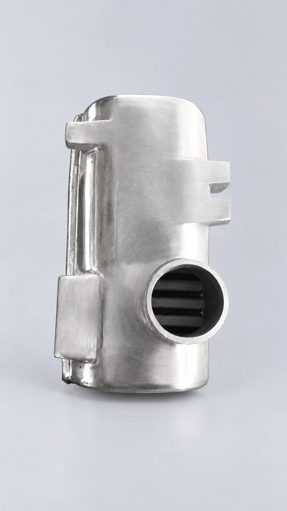 Finished intercooler — end tank, port and mounting details